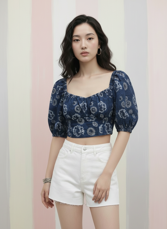 Dabu Floral Printed Sweetheart Neck Princess Sleeves Crop Top #0248