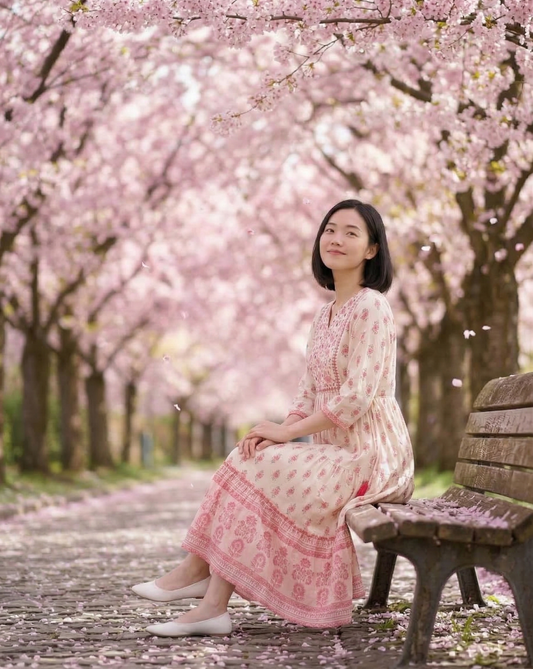 Sakura Pink Floral Print Tiered Dress #0251