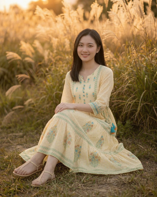 Yellow Floral Print Tiered Dress #0256