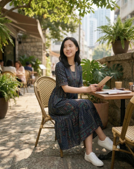 Navy Printed Flare Dress #0258