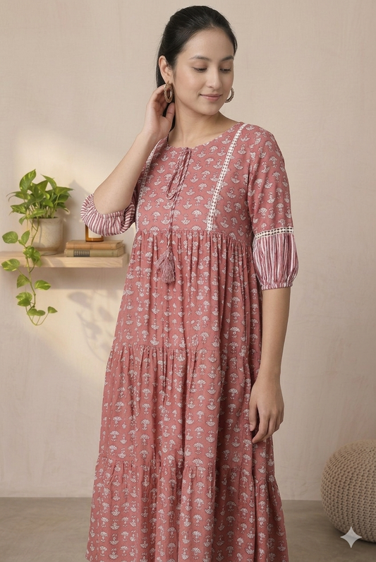 Pink Floral Printed Triered A-Line Dress