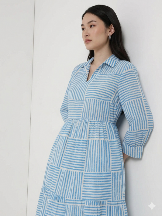 Cotton Geometric Shirt Collar Dress