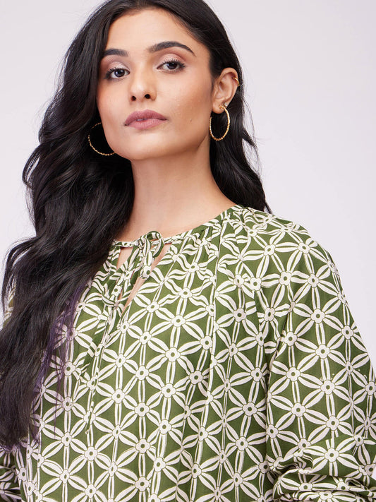 Cotton Geometric Tie-Up Dress - Olive